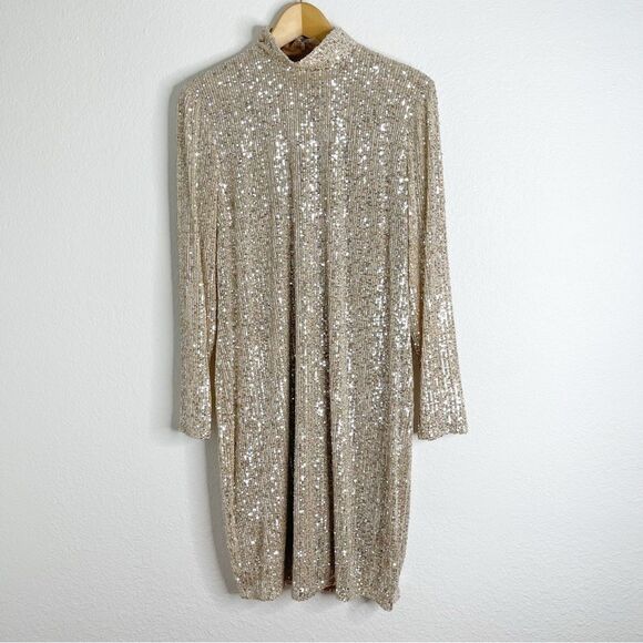 The Limited Champagne Gold Sequin Long Sleeve Dress Size Large - Picture 1 of 3